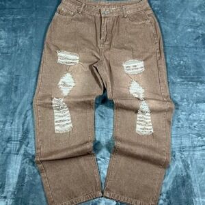 Y2K Brown Women's Washed Baggy Denim Jeans - size 2XL - measurements listed